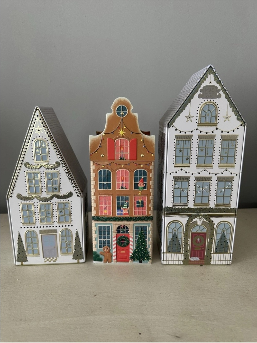 3 set marks and Spencer tin holiday Christmas Xmas houses decor music box